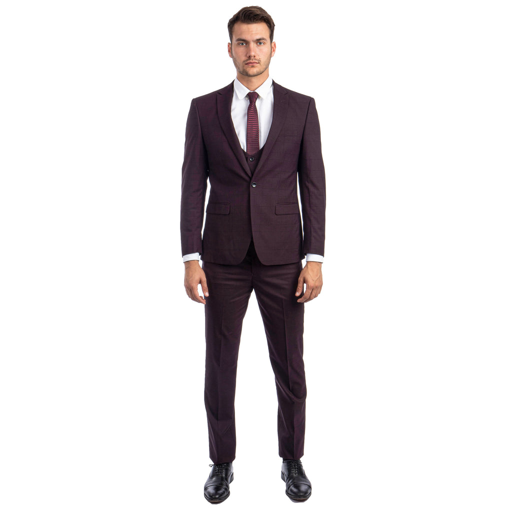 Burgundy Men's Ultra Slim-Fit 3-Piece Glen Check Suit Burgundy / 52L / M267US-02 Burgundy Men's Ultra Slim-Fit 3-Piece Glen Check Suit Burgundy / 52L / M267US-02