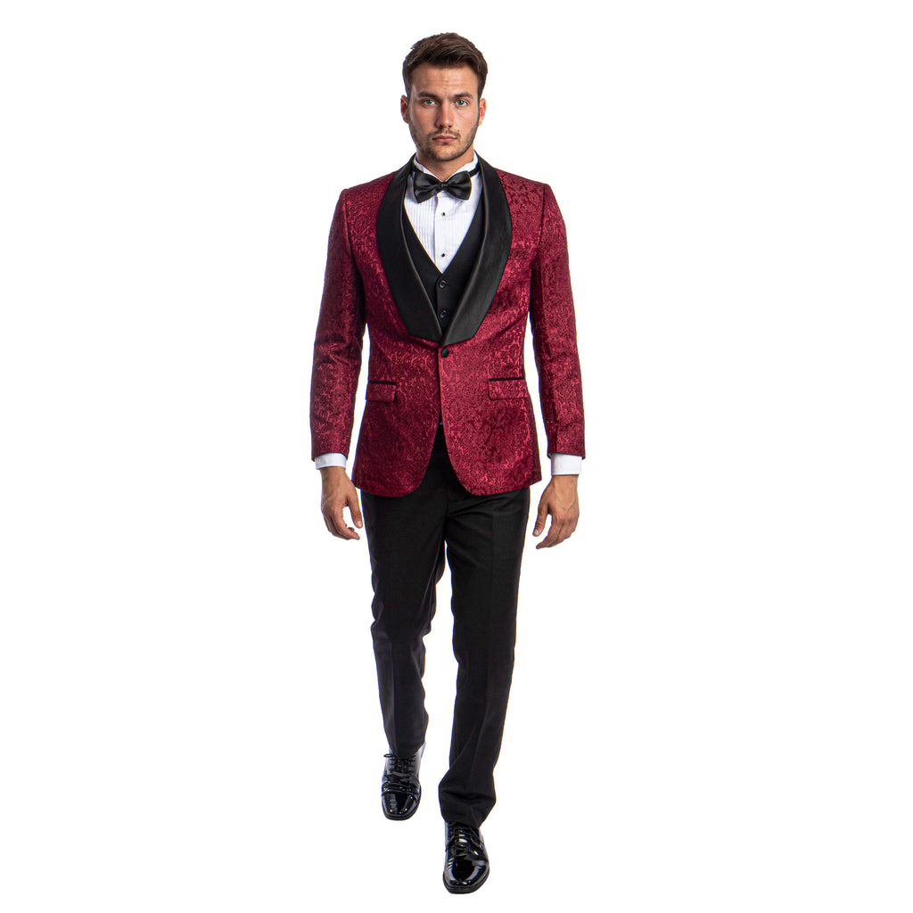 Burgundy Men's Hybrid-Fit 3pc Paisley Suit w/ Wide Black Shawl Collar Shannonformalwear.com Burgundy Men's Hybrid-Fit 3pc Paisley Suit w/ Wide Black Shawl Collar Shannonformalwear.com