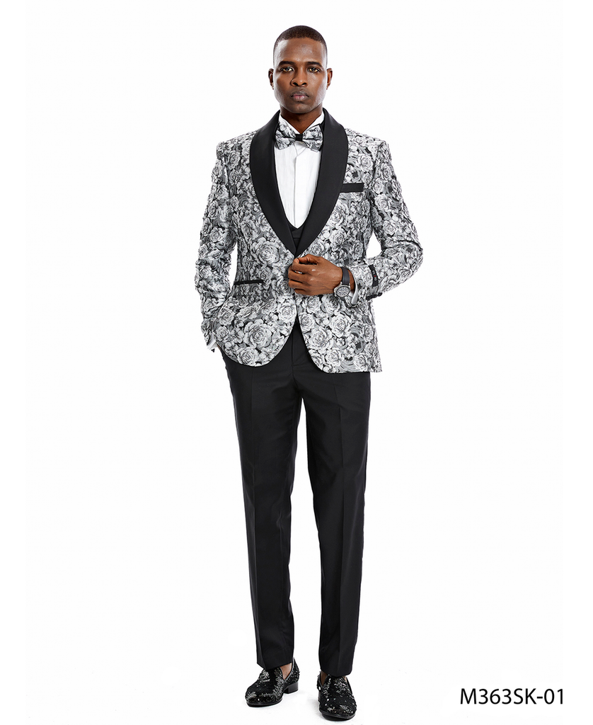 Silver Black Shawl Collar Paisley Mens-suit –
