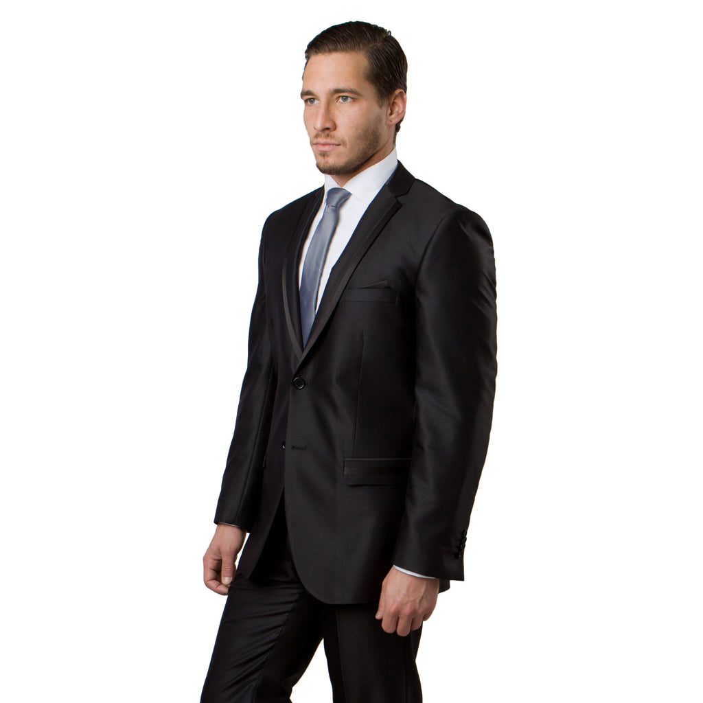 Black / Black Solid Tone on Tone  Satin 2-PC Slim Fit Stretch Suits For Men
