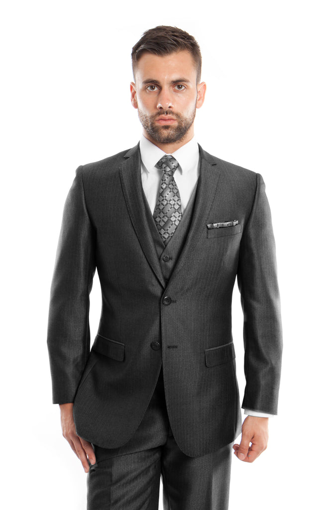 Black Textured Pattern 3-PC Slim Fit Performance Stretch Suits For