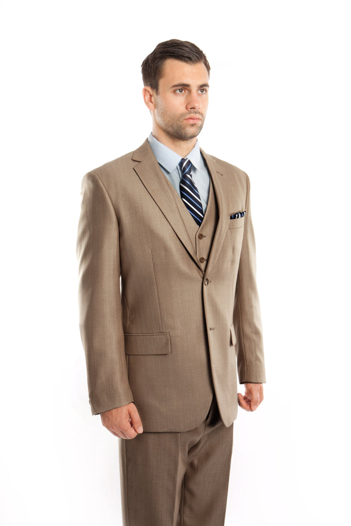 Dk Tan Solid Shiny Sharkskin 3-PC Regular Modern Fit Suits For Men