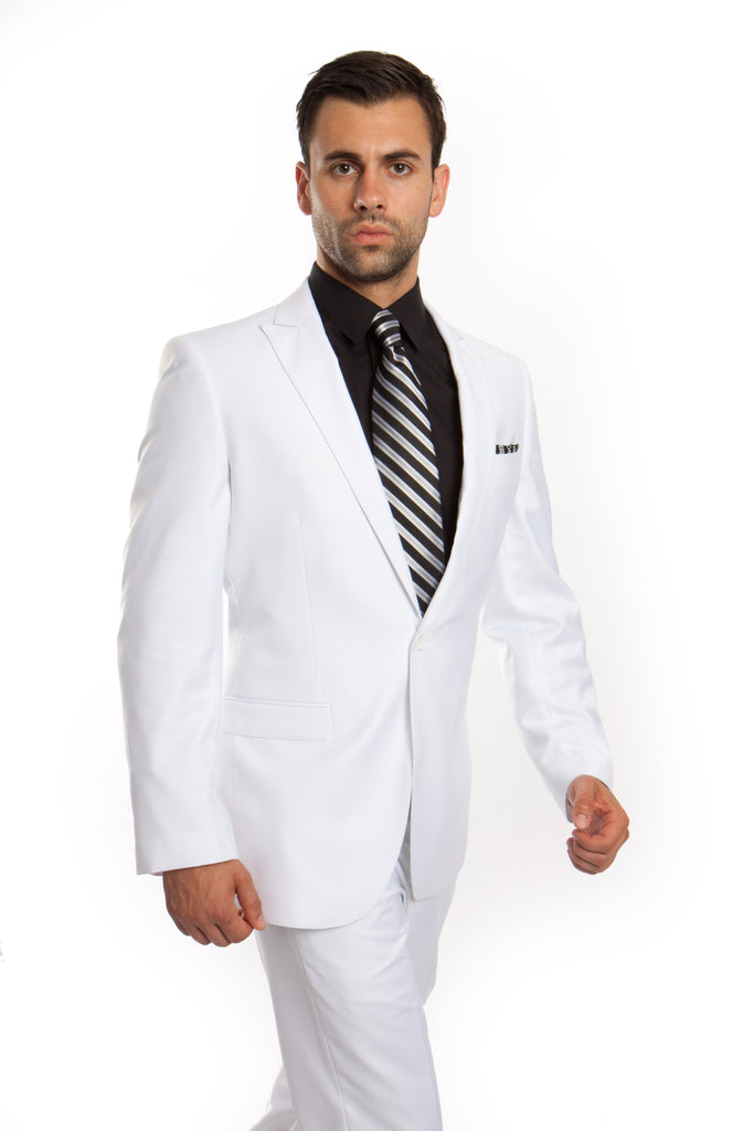 White Solid 2-PC Slim Fit Performance Stretch Suits For Men