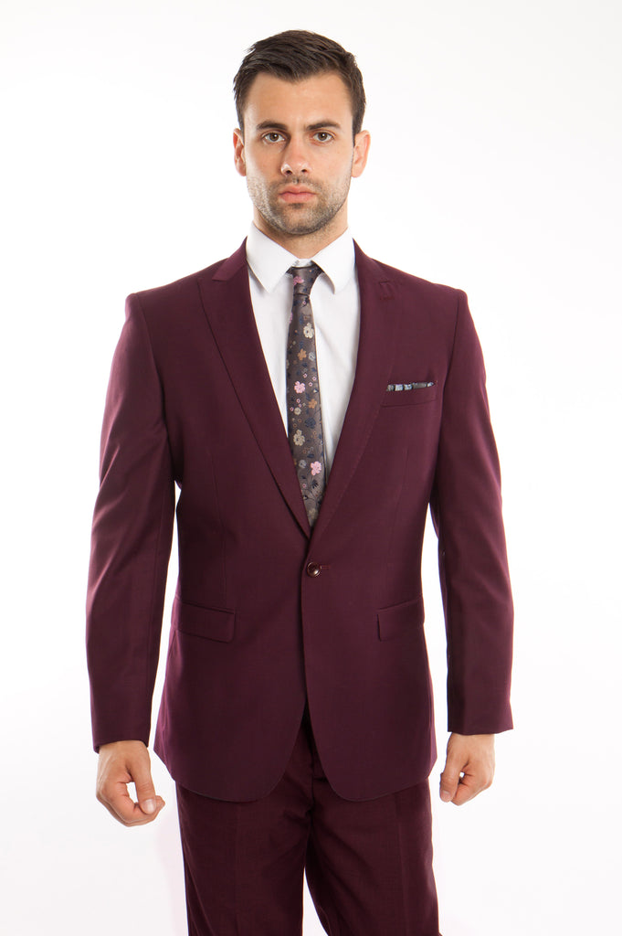 Burgundy Solid 2-PC Slim Fit Performance Stretch Suits For Men