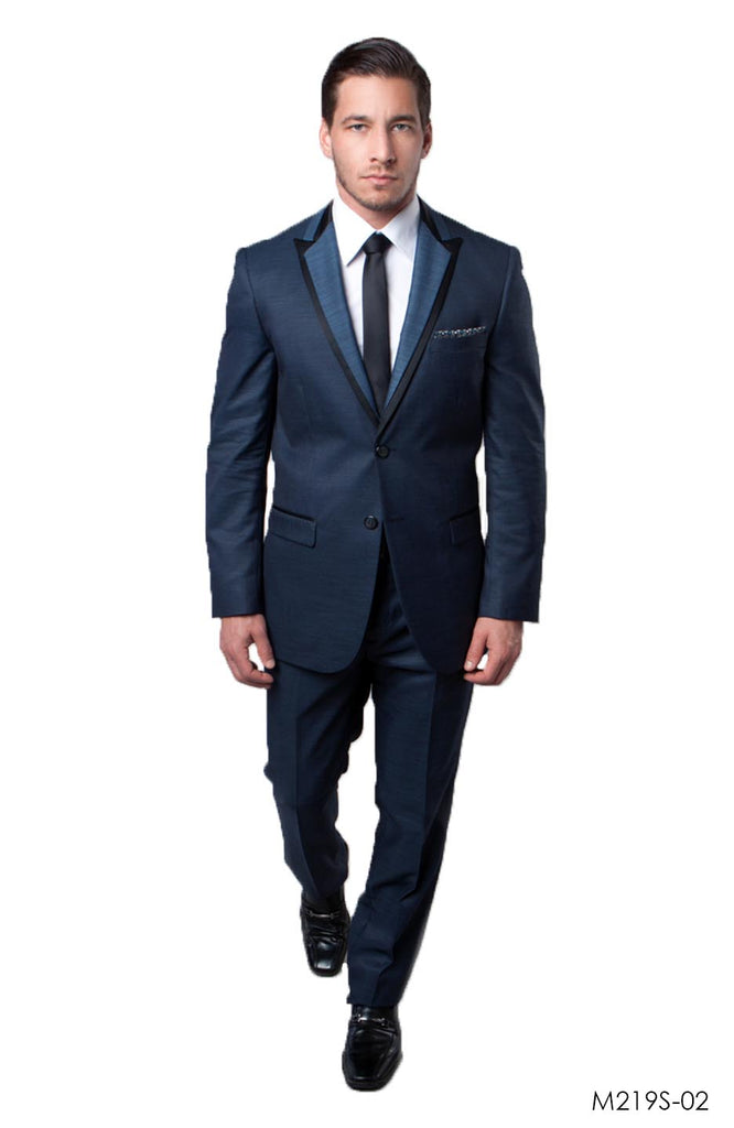 black and blue formal dress men Mens Black Suit with Navy Blue Lapel Elegant Formal Tuxedo Style Suit for Wedding, Prom, Party and Evening Wear Black / 54 Long Jacket+48 Waist