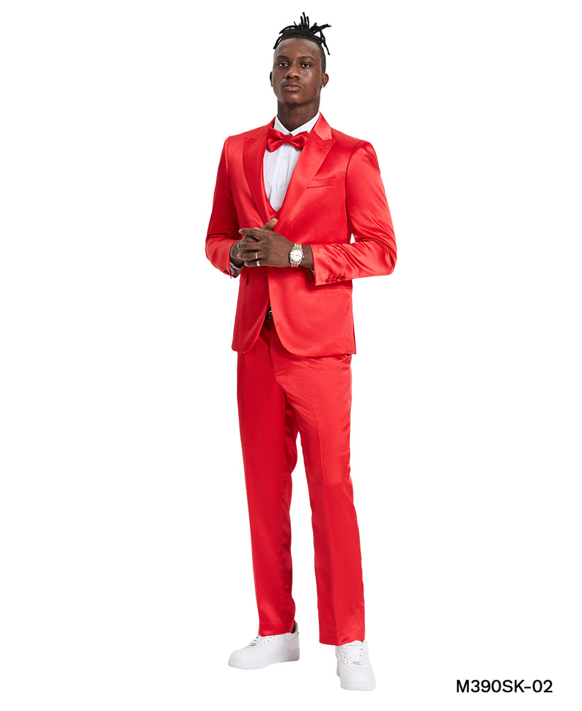 Red Solid Shiny U-Shape Vest Mens-suit