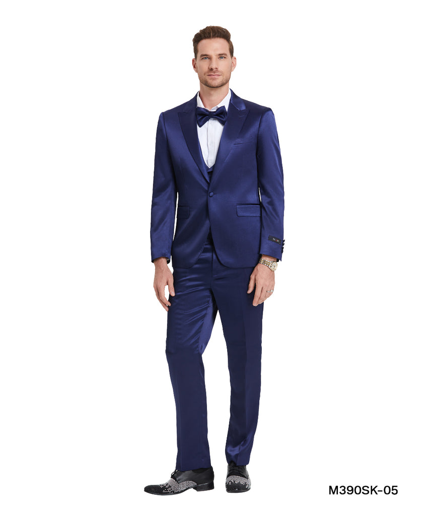 Blue Solid Shiny U-Shape Vest Mens-suit