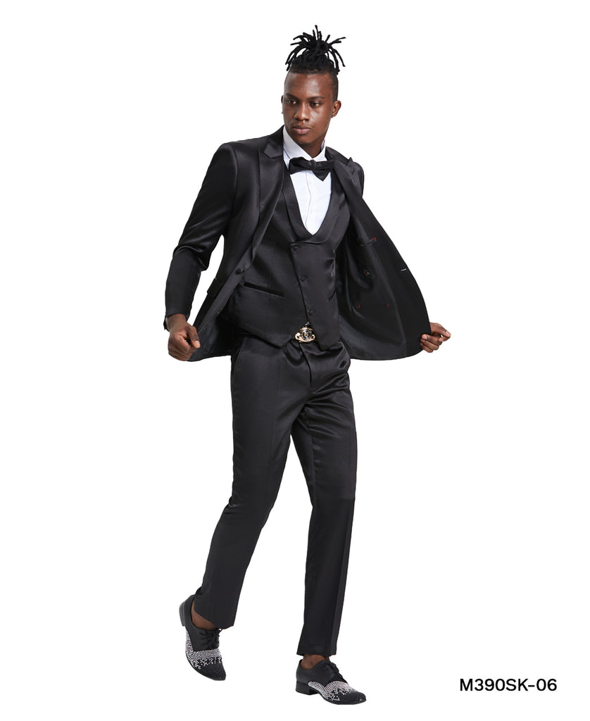 Black Solid Shiny U-Shape Vest Mens-suit