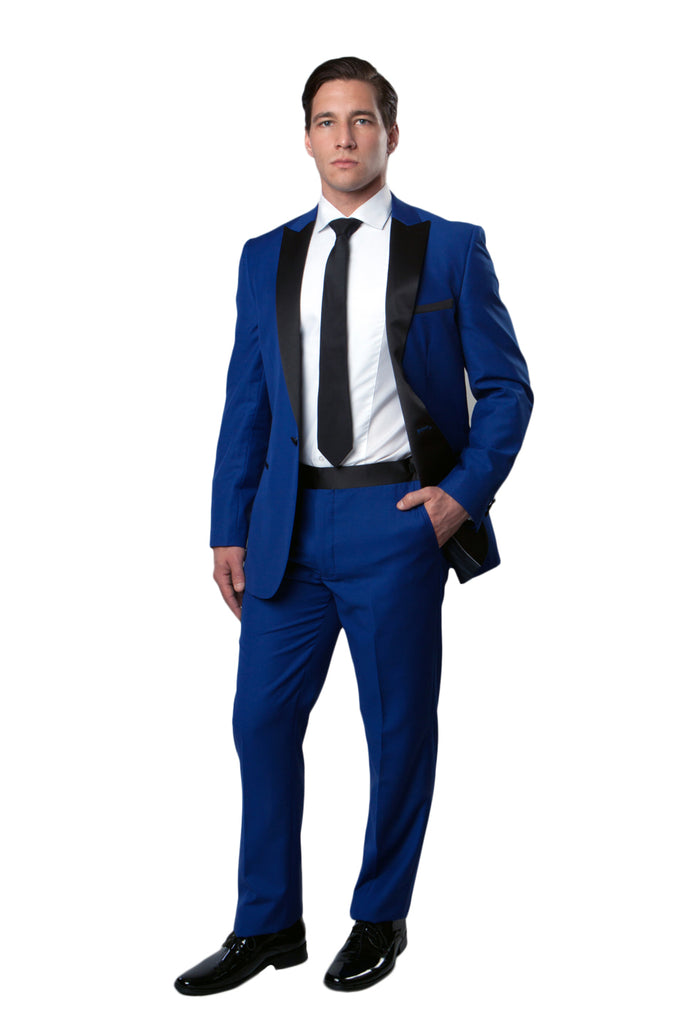 Blue / Black Satin Bryan Michaels Peak Lapel Tuxedo Solid Slim Fit Prom Tuxedo For Men MT182S-03
