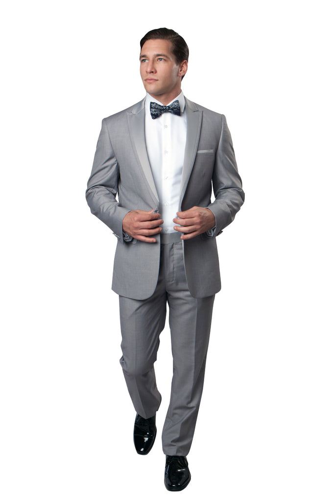 Light Grey / Light Grey Satin Bryan Michaels Satin Peak Lapel With Trim Tuxedo Solid Slim Fit Prom Tuxedo For Men MT187S-05