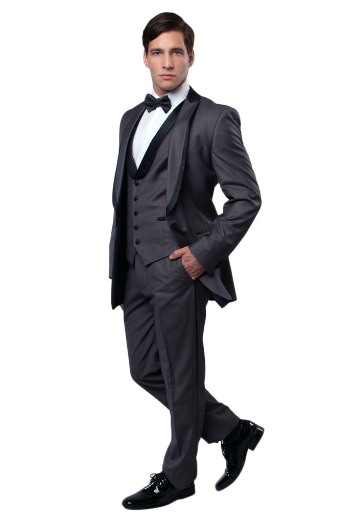 Black / Black Satin Bryan Michaels Shawl Collar Trim/ Peak Lapel Tuxedo Solid Slim Fit Prom Tuxedo For Men MT239S-00