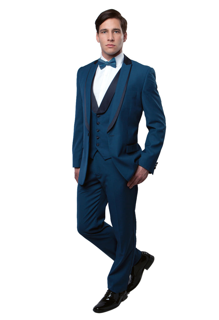Blue / Blue Satin Bryan Michaels Shawl Collar Trim/ Peak Lapel Tuxedo Solid Slim Fit Prom Tuxedo For Men MT239S-02