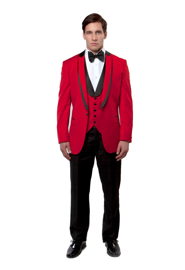 Red / Black Satin Bryan Michaels Shawl Collar Trim/ Peak Lapel Tuxedo Solid Slim Fit Prom Tuxedo For Men MT239S-04